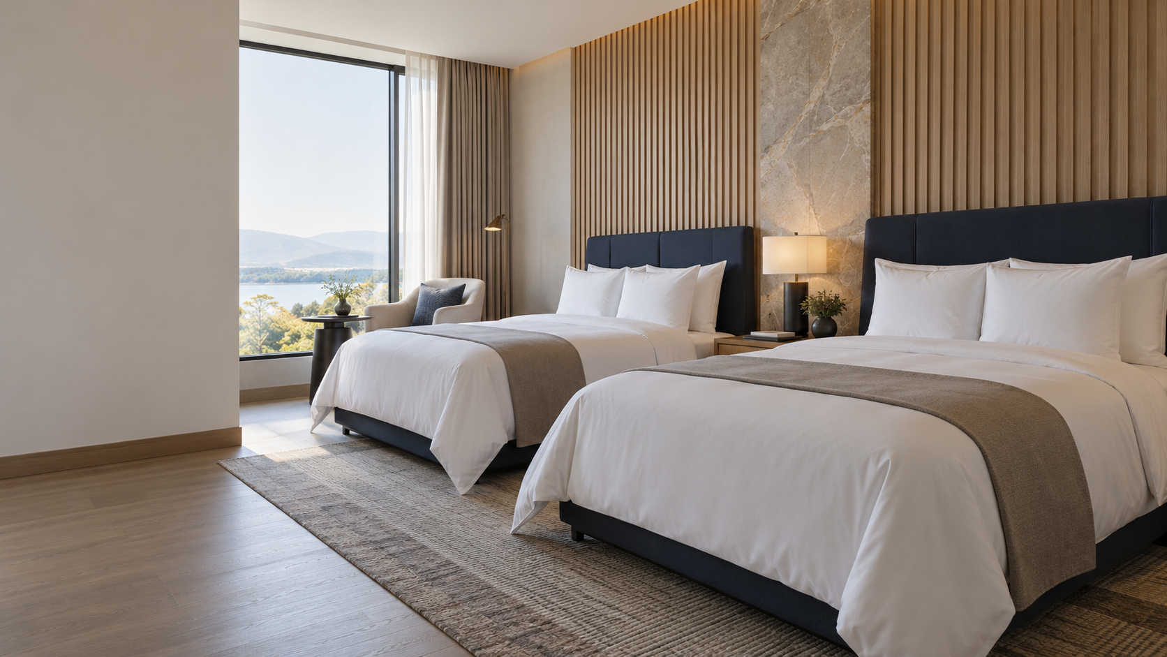 Illustrative hotel room with white linen